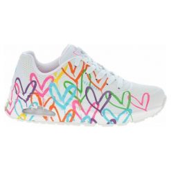 Buty Skechers Uno Highlight Love W 177981-WMLT białe. Białe buty treningowe bez wzorów, ze skóry, bez zapięcia. Za 420.06 zł.