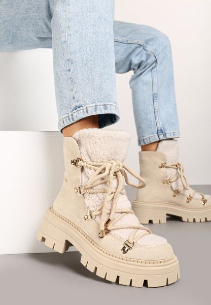 Beżowe Sznurowane Śniegowce na Platformie z Ociepleniem Innathiel. Brązowe śniegowce Renee, bez wzorów, z jeansu, bez zapięcia. Za 149.99 zł.