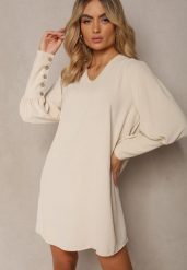 Jasnobeżowa Pudełkowa Sukienka z Rozkloszowanym Dołem i Bufiastymi Rękawami Kaimana. Brązowe sukienki Renee, na imprezę, s, bez wzorów, eleganckie, bez kołnierzyka, bez ramiączek, mini, rozkloszowane. W wyprzedaży za 55.99 zł.