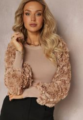 Beżowy Dopasowany Sweter z Bufiastymi Zdobionymi Rękawami Theoris. Brązowe swetry Renee, s, z aplikacjami, z wiskozy, bez ramiączek. W wyprzedaży za 111.99 zł.