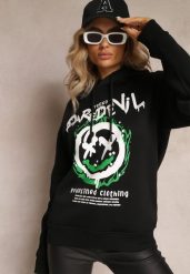 Czarna Bluza z Polarem i Nadrukiem Thalindra. Czarne bluzy Renee, xl, bez wzorów, z dzianiny, eleganckie, bez ramiączek, z kapturem. W wyprzedaży za 39.99 zł.