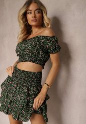 Czarno-Zielony Komplet w Kwiaty Bluzka Hiszpanka Spódnica z Falbankami i Gumką w Talii Ristelle. Czarne bluzki Renee, m, bez wzorów, bez kołnierzyka, bez ramiączek. W wyprzedaży za 39.99 zł.