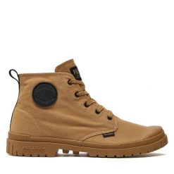 Trapery Palladium. Brązowe traperki Palladium, bez wzorów, bez obcasa, bez zapięcia. Za 329.99 zł.