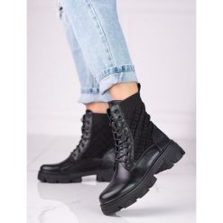 Sznurowane workery damskie Shelovet z pikowaniem czarne. Czarne botki SHELOVET, bez wzorów, bez obcasa, bez zapięcia. Za 139.66 zł.