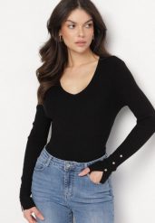 Czarny Sweter z Wiskozą i Nitami na Rękawach Sonavea. Czarne swetry Born2be, m, z aplikacjami, z jeansu, eleganckie, bez ramiączek. W wyprzedaży za 76.49 zł.