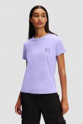 KARL LAGERFELD Lawendowy damski t-shirt Ikonik 2.0 Jelly. Fioletowe t-shirty KARL LAGERFELD, s, bez wzorów, z bawełny, klasyczne, bez kołnierzyka, bez ramiączek. W wyprzedaży za 249.99 zł.