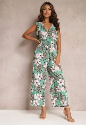 Miętowy Długi Kombinezon Bawełniany w Kwiaty Vegita. Zielone sukienki Renee, na co dzień, m, bez wzorów, z bawełny, eleganckie, bez kołnierzyka, bez ramiączek, maxi, proste. W wyprzedaży za 43.99 zł.