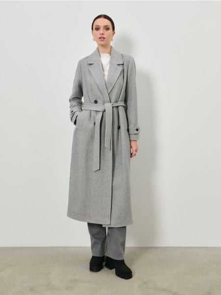 Płaszcz z domieszką wełny - szary. Szare płaszcze Sinsay, l, bez wzorów, z wełny, bez kaptura. Za 99.99 zł.