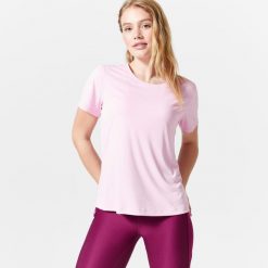 Koszulka fitness damska Domyos krótki rękaw. Niebieskie t-shirty sportowe DOMYOS, l, bez wzorów, z elastanu, bez ramiączek, na fitness i siłownię. Za 39.99 zł.