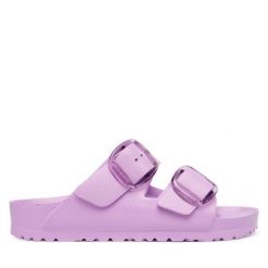Klapki Birkenstock. Fioletowe klapki Birkenstock, bez wzorów, bez obcasa, bez zapięcia. Za 279.99 zł.