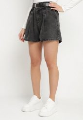Czarne Szorty Jeansowe z Ozdobnymi Przeszyciami Gumką w Talii i Paskiem Alariana. Czarne szorty Born2be, bez wzorów, z jeansu, eleganckie. Za 149.99 zł.