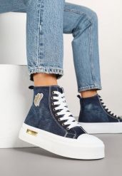 Granatowe Trampki na Platformie z Wysoką Cholewką z Haftem z Brokatem Elanitha. Niebieskie trampki Renee, z aplikacjami, z jeansu, eleganckie, przed kolano, bez zapięcia. W wyprzedaży za 91.99 zł.