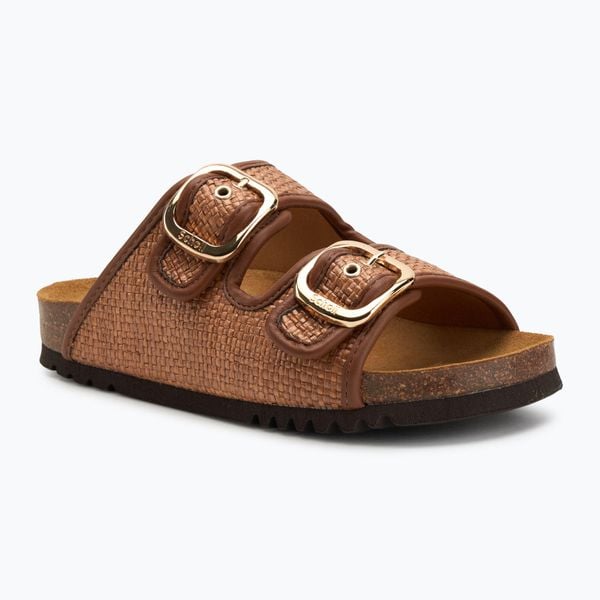 Klapki damskie Scholl Noelle Raffia. Brązowe klapki Scholl, bez wzorów, z materiału, biznesowe, bez obcasa, bez zapięcia. Za 269.99 zł.