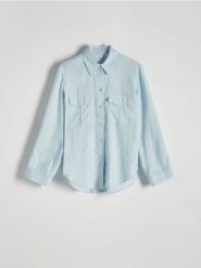 Lniana koszula - jasnoniebieski. Niebieskie koszule Reserved, l, bez wzorów, klasyczne, bez kołnierzyka, bez ramiączek. W wyprzedaży za 89.99 zł.