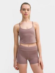 4F Crop top do jogi i pilatesu z materiałów z recyklingu damski L. Brązowe topy 4f, l, bez wzorów, z materiału, bez kołnierzyka, bez ramiączek. W wyprzedaży za 29.99 zł.