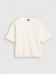 4F T-shirt regular z waflowej dzianiny damski - biały M. Białe t-shirty 4f, m, bez wzorów, z bawełny, klasyczne, bez kołnierzyka, bez ramiączek. W wyprzedaży za 49.99 zł.