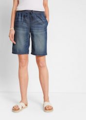 Lekkie bermudy z denimu z lnem. Niebieskie jeansy bonprix, bez wzorów, z denimu. Za 104.99 zł.
