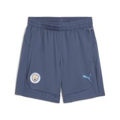 Młodzieżowe szorty treningowe Manchester City PUMA Inky Blue Magic. Niebieskia szorty sportowe Puma, bez wzorów, do piłki nożnej. Za 169.50 zł.