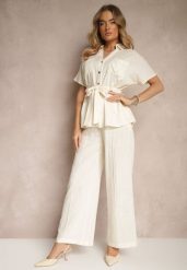 Jasnobeżowy Komplet z Wiskozy o Kroju Oversize Spodnie i Koszula z Paskiem Normell. Brązowe koszule Renee, l, bez wzorów, z tkaniny, eleganckie, bez kołnierzyka, bez ramiączek. W wyprzedaży za 211.99 zł.