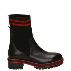 BOTKI Z MATERIAŁOWĄ CHOLEWKĄ 03235 BLACK-RED. Czarne botki Venezia, bez wzorów, z materiału, bez obcasa, bez zapięcia. Za 219.00 zł.