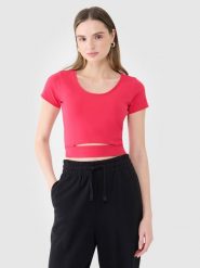 4F T-shirt crop top gładki damski - różowy XL. Czerwone t-shirty 4f, xl, bez wzorów, z bawełny, sportowe, bez kołnierzyka, bez ramiączek. W wyprzedaży za 39.99 zł.