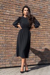 Czarna Midi Sukienka z Bufiastym Rękawem. Czarne sukienki Merribel, m, bez wzorów, z materiału, wizytowe, bez kołnierzyka, bez ramiączek, midi. Za 152.90 zł.