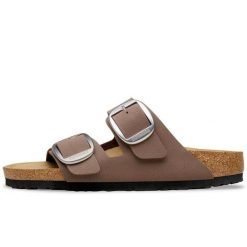 Klapki Birkenstock Arizona Big Buckle Birkibuc Damskie. Brązowe klapki Birkenstock, bez wzorów, z nubiku, eleganckie, bez obcasa, bez zapięcia. Za 524.60 zł.