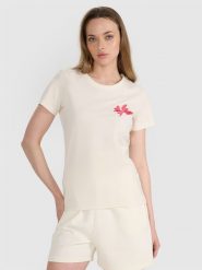 4F T-shirt regular z nadrukiem damski - biały XL. Białe t-shirty 4f, xl, z aplikacjami, z bawełny, eleganckie, bez kołnierzyka, bez ramiączek. Za 59.99 zł.