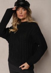 Czarny Sweter z Wiskozą i Ozdobnym Splotem Mialiana. Czarne swetry Renee, na zimę, m, bez wzorów, z wiskozy, casualowe, bez ramiączek. W wyprzedaży za 63.99 zł.