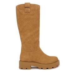 Kozaki Guess. Brązowe kozaki Guess, z aplikacjami, bez obcasa, na płaskiej podeszwie, bez zapięcia. Za 824.99 zł.
