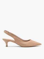 Beżowe czółenka slingback na obcasie typu kaczuszka. Brązowe czółenka Brawo sp. z o.o., bez wzorów, z gumy, bez obcasa, na obcasie, bez zapięcia. Za 379.99 zł.