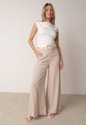 Beżowe Spodnie z Wiskozą o Szerokim Kroju z Wysokim Stanem i Paskiem Larailure. Brązowe jeansy Born2be, na lato, l, bez wzorów, z jeansu, biznesowe, z podwyższonym stanem, długie. Za 129.99 zł.