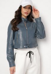 Granatowa Kurtka Ramoneska w Motocyklowym Stylu z Klamerką Terlia. Niebieskie kurtki Born2be, xl, bez wzorów, z jeansu, klasyczne, bez kaptura. Za 169.99 zł.