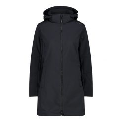 Kurtka parka z kapturem, zapinana na zamek dla kobiet CMP. Czarne kurtki przejściowe sportowe CMP, s, bez wzorów, z softshellu, z kapturem, trekkingowe. Za 436.80 zł.