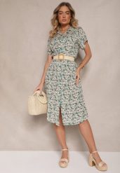 Zielona Sukienka z Bawełny w Print Paisley o Koszulowym Kroju Celluria. Zielone sukienki Renee, na spacer, l, bez wzorów, z bawełny, bez kołnierzyka, bez ramiączek, midi, koszulowe. W wyprzedaży za 39.99 zł.