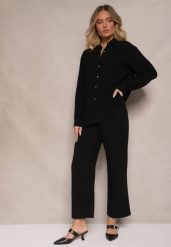 Czarny Wiskozowo-Lniany Komplet z Koszulą i Luźnymi Spodniami Hanorwen. Czarne koszule Renee, l, bez wzorów, ze lnu, eleganckie, bez kołnierzyka, bez ramiączek. W wyprzedaży za 135.99 zł.