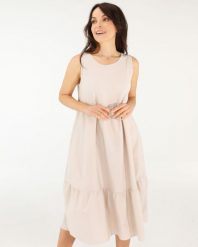 Rozkloszowana sukienka z przeszyciami. Brązowe sukienki Unisono, l, bez wzorów, z bawełny, bez kołnierzyka, bez ramiączek, midi, rozkloszowane. Za 149.00 zł.