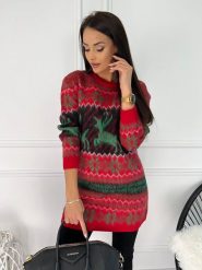 Czerwona Sweterkowa Tunika ze Wzorem 8990-01-B. Czerwone tuniki ModnaKiecka.pl, l, bez wzorów, z materiału, bez kołnierzyka, bez ramiączek. Za 77.99 zł.