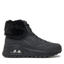 Trzewiki Skechers. Czarne botki Skechers, bez wzorów, bez obcasa, na płaskiej podeszwie, bez zapięcia. Za 429.99 zł.