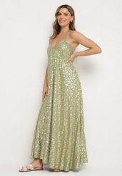 Zielona Sukienka z Wiskozy z Odkrytymi Plecami i Metalicznym Nadrukiem w Panterkę Linadea. Zielone sukienki Born2be, na spotkanie biznesowe, m, z aplikacjami, z wiskozy, bez kołnierzyka, bez ramiączek, kopertowe. Za 109.99 zł.