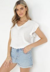 Biała Bluzka z Falbankami i Złotą Nitką Gracelly. Białe bluzki Born2be, xl, bez wzorów, bez kołnierzyka, bez ramiączek. W wyprzedaży za 33.99 zł.