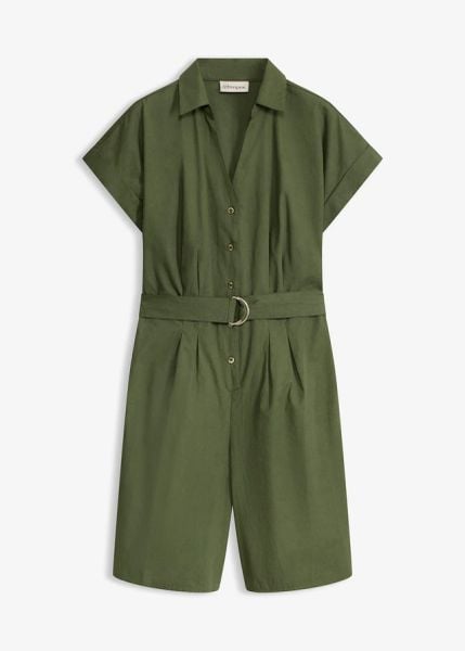Kombinezon z wiązanym paskiem. Brązowe kombinezony bonprix, bez wzorów, bez kołnierzyka, bez ramiączek, krótkie. Za 149.99 zł.