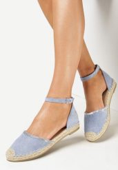 Niebieskie Espadryle z Cyrkoniami na Plecionej Podeszwie Menins. Niebieskie espadryle Born2be, bez wzorów, z materiału, klasyczne, z okrągłym noskiem, bez obcasa, na płaskiej podeszwie. W wyprzedaży za 79.99 zł.