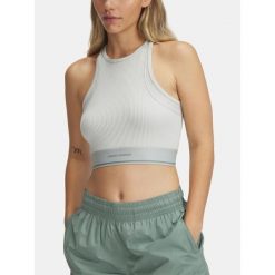 Top treningowy damski Under Armour Meridian Rib Branded Tank hydro. Zielone topy Under Armour, bez wzorów, sportowe, bez kołnierzyka, bez ramiączek. Za 129.99 zł.