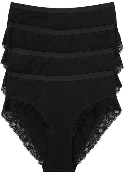 Figi maxi z bawełną organiczną i koronką (4 pary). Czarne figi bonprix, bez wzorów, z bawełny. Za 64.99 zł.