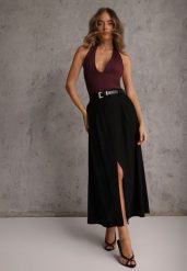 Czarna Rozkloszowana Spódnica z Wiskozy Zdobiona Rozcięciem i Paskiem Urilia. Czarne spódnice Renee, na randkę, l, z aplikacjami, z koronki, eleganckie, maxi, rozkloszowane. Za 129.99 zł.