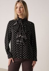 Czarna Wiskozowa Koszula w Kropki ze Stójką z Ozdobnymi Falbanami Isamene. Czarne koszule Born2be, m, bez wzorów, z jeansu, klasyczne, bez kołnierzyka, bez ramiączek. Za 139.99 zł.