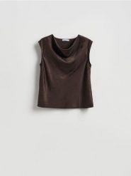 Bluzka z drapowanym dekoltem - brązowy. Brązowe bluzki Reserved, l, bez wzorów, z tkaniny, bez kołnierzyka, bez ramiączek. Za 99.99 zł.