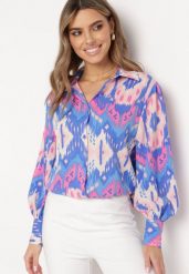 Niebieska Koszula z Bufiastymi Rękawami w Etno Wzór Ithilwen. Niebieskie koszule Born2be, l, bez wzorów, etno, bez kołnierzyka, bez ramiączek. Za 49.99 zł.