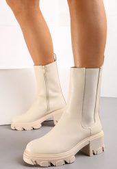 Beżowe Botki w Stylu Grunge na Masywnej Podeszwie Iothea. Brązowe botki Renee, bez wzorów, eleganckie, bez obcasa, na obcasie, bez zapięcia. W wyprzedaży za 55.99 zł.